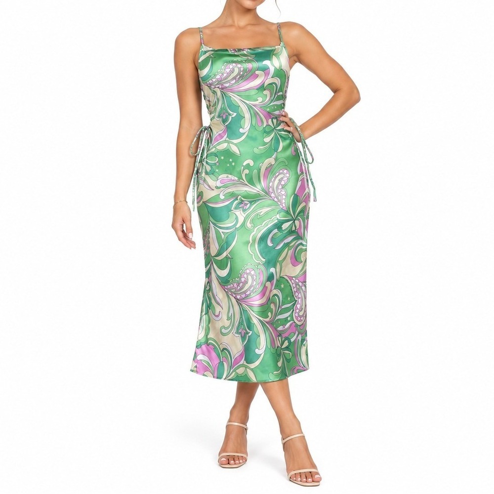 Christian Lacroix Dress Women S Green Paisley Satin Ruched Midi Designer Star